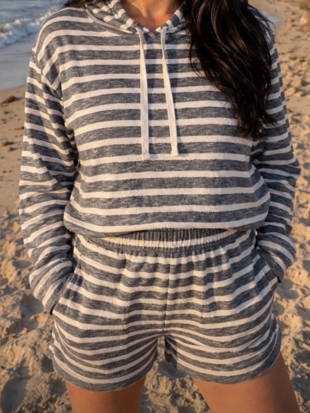 NWOT - J. Crew Navy and White Striped Hooded Crewneck Shirt & Shorts - 2pc Set